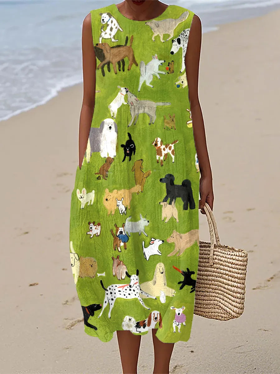 Isabella | Robe Midi Imprimée Chien Peinture à l'Huile