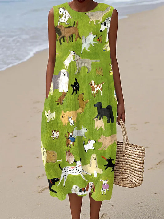 Isabella | Robe Midi Imprimée Chien Peinture à l'Huile