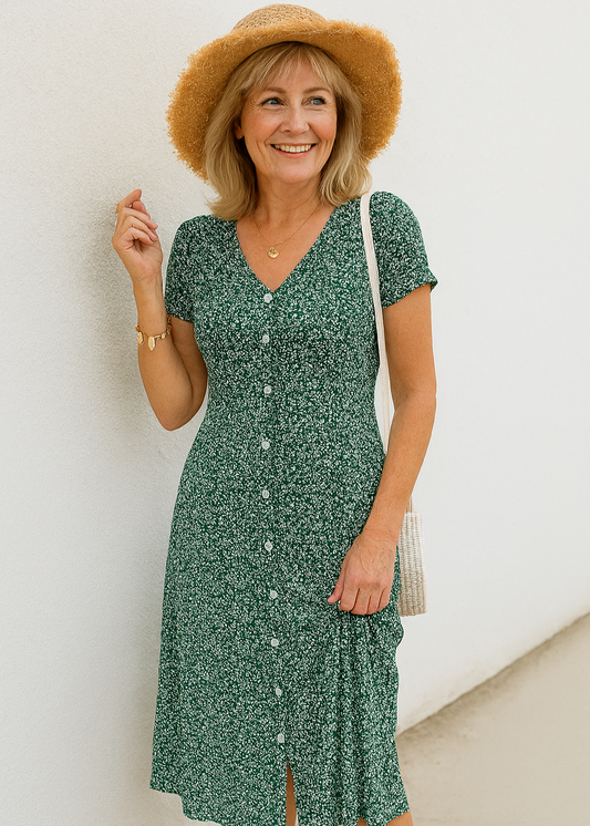 Emma ~ Robe boutonnée avec décolleté en V féminin & stretch confort