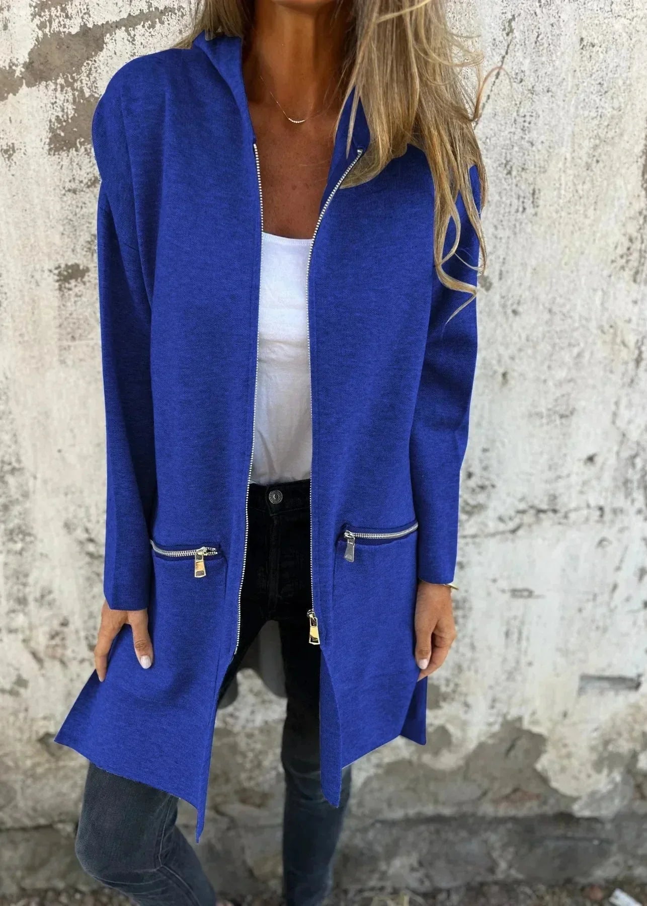 Jasmine ~ gilet long zippé à coupe ample & détails pratiques
