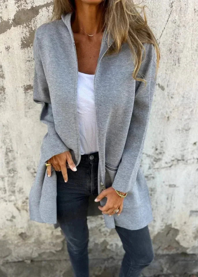 Jasmine ~ gilet long zippé à coupe ample & détails pratiques